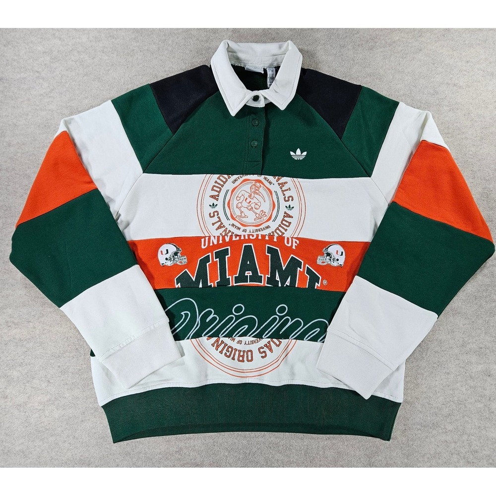 adidas Originals Miami Hurricanes Rugby Sweatshirt Mens Small Green Orange NCAA